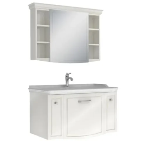 ARTE + 100 SET PARLAK BEYAZ (LAVABO DOLABI + AYNA) KROM KULP