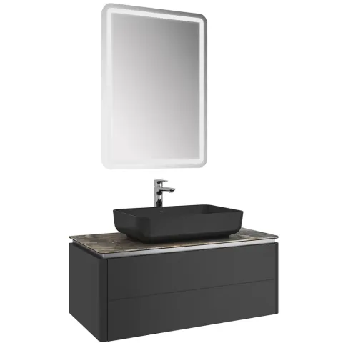LOTUS 100 CM DAR ÇANAK LAVABO + AYNA SET MAT SİYAH-ANTRASİT