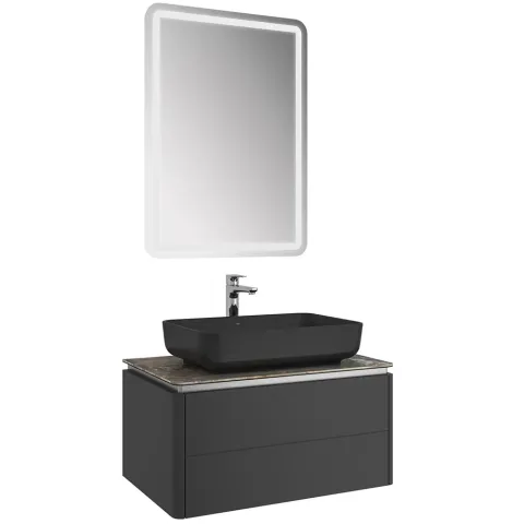 LOTUS 80 CM DAR ÇANAK LAVABO + AYNA SET MAT SİYAH-ANTRASİT